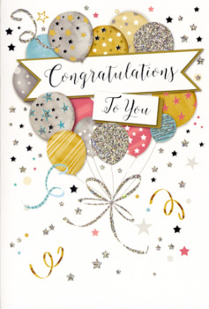 The image shows an ornate congratulations card that feels as if a small party has been sketched in ink and metallic shimmer. At its heart floats a generous cluster of balloons, layered so they overlap like petals in a carefully crafted arrangement. The colours are soft yet celebratory-brushed gold, antique silver, champagne beige, cool sky blue, rose pink and a calm grey-each balloon adorned with its own pattern of glittering stars, shimmering stripes or subtle speckles, as though the surfaces had been dusted with fine stardust. Their slender strings fall from the base of the cluster in curling lines of gold and silver, meeting in a decorative tangle that adds a touch of movement and grace, reminiscent of ribboned gift boxes carried home along Whetstone High Road. A delicate banner unfurls across the centre of the balloons, framed with gentle scrollwork and inscribed with "Congratulations To You" in an elegant script that feels formal enough for a promotion or graduation, yet warm enough for any personal triumph. Around this focal point, the background remains light and airy, scattered with tiny metallic stars and swirling ribbons that evoke the spontaneous joy of confetti tossed in the air. The card's design is clean but richly detailed, offering that same feeling we aim for when pairing a bouquet with a message: beauty without distraction, emotion without excess. As a florist accustomed to creating congratulatory arrangements for new jobs, exam successes and new beginnings across Whetstone and nearby Totteridge, I can imagine this card standing proudly beside fresh blooms, quietly amplifying the sense of achievement that fills the room.