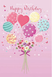 Whimsical illustrated birthday card depicting a pastel balloon bouquet lifting a charming cluster of flowers, like a tiny celebration drifting above Whetstone on a clear spring day. The backdrop is a soft pink canvas, warm and calm, allowing the balloons to glow in shades of blush, seafoam green, sunny yellow, mauve, and lilac. Each balloon carries distinct patterns: some are wrapped in candy-coloured stripes, others dotted with playful spots, while a central heart-shaped balloon stands out, gently suggesting love and gratitude. Below this airy parade, a bouquet of delicate roses and anemone-like blossoms gathers at the base, their petals layered and feathery in creamy ivory, blush pink, and smoky mauve. The flowers feel freshly picked from a hidden garden just off Whetstone High Road, their imagined fragrance light and sweet. A violet satin bow ties the stems together, the ribbon catching the light in a subtle sheen that speaks of careful, thoughtful presentation, much like a hand-crafted birthday arrangement from Flower Delivery Whetstone. Around the design, tiny star shapes and fluttering butterflies add a touch of fairy-tale wonder, as though birthday wishes are taking flight. The whole composition feels buoyant yet tender, capturing the essence of a birthday that is meant to be bright, heartfelt, and unforgettable for someone special in Whetstone.