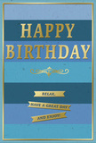This carefully designed birthday card combines serene blue stripes with elegant gold accents, creating a look that feels both modern and timeless, much like the mix of old and new you find around Whetstone. The background is made up of wide, even bands of blue, stacked in horizontal layers. The colours range from dark navy at the top through mid-blue and teal to a lighter, airy blue at the bottom, giving a sense of gentle movement, almost like soft waves or a calm evening sky. Centre stage, the words "HAPPY BIRTHDAY" stand out in large, embossed gold lettering. The letters are clean and classic, their metallic surface catching small highlights and shadows as the card tilts, adding depth and a subtle sparkle. Just beneath the main greeting, a graceful gold flourish stretches across, its curling lines adding a touch of decorative romance. Below that, three narrow gold banners sit in a neat column, each one gleaming slightly. Together they carry the friendly message: "Relax, have a great day and enjoy!" A fine gold frame runs around the very edge of the card, tying the whole composition together and giving it a polished, finished look. It's easy to envision this card standing beside a vase of birthday flowers delivered to a home near Totteridge Lane or the Whetstone High Road, the cool blues and warm gold working together to convey calm joy, thoughtful wishes, and a quietly special kind of celebration.